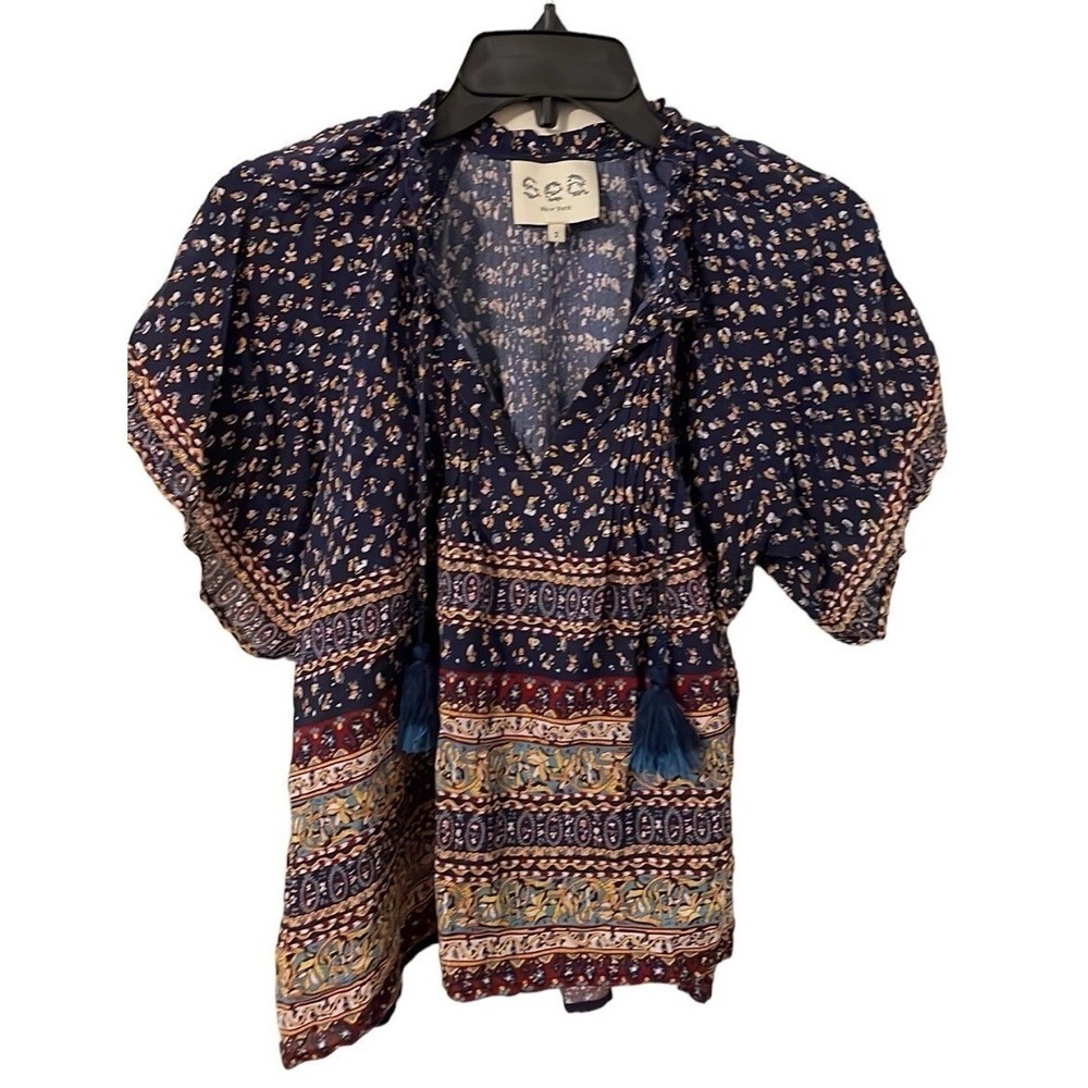 Sea New York Women's Navy Multicolor Pintucked Silk Printed Tie Up Top Size 2‎